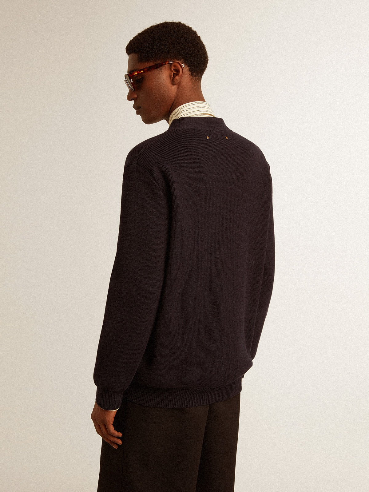 Golden Collection cardigan in dark blue cotton with a distressed finish