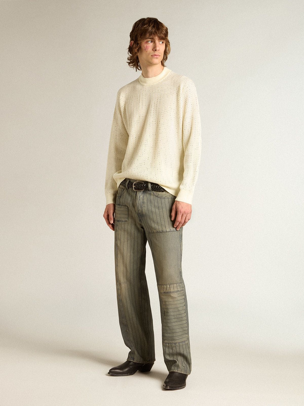 Men's crew-neck sweater in white merino wool with all-over crystals