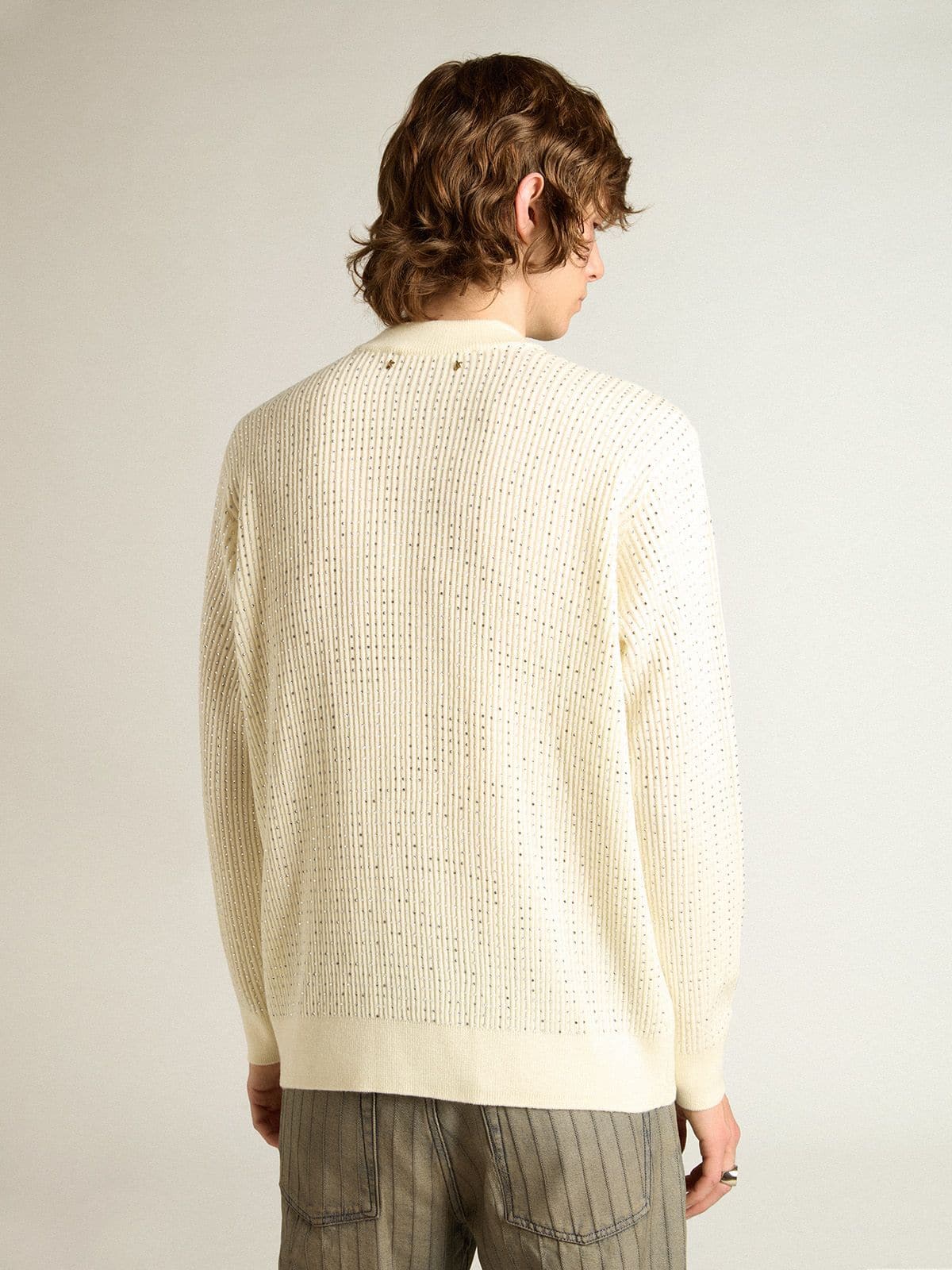 Men's crew-neck sweater in white merino wool with all-over crystals