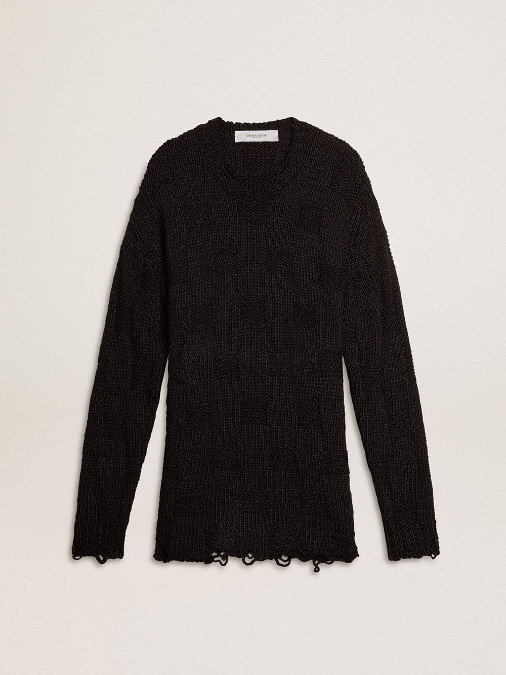 Men's black wool sweater with a distressed effect