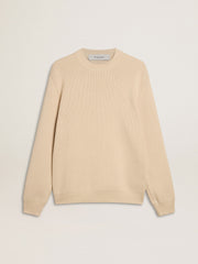 Men’s beige crew neck sweater with ‘Golden’ lettering on the back