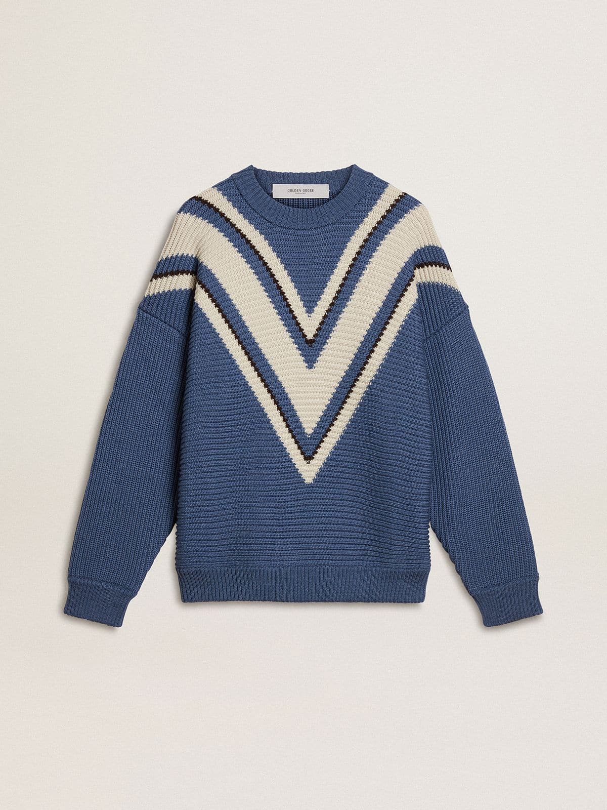 Men's light blue jacquard wool sweater with cream-colored pattern