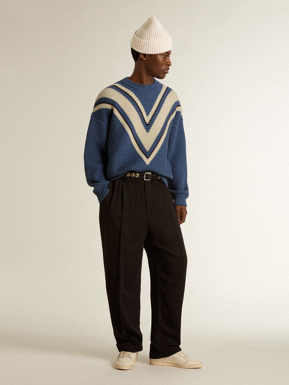 Men's light blue jacquard wool sweater with cream-colored pattern