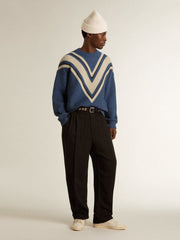 Men's light blue jacquard wool sweater with cream-colored pattern