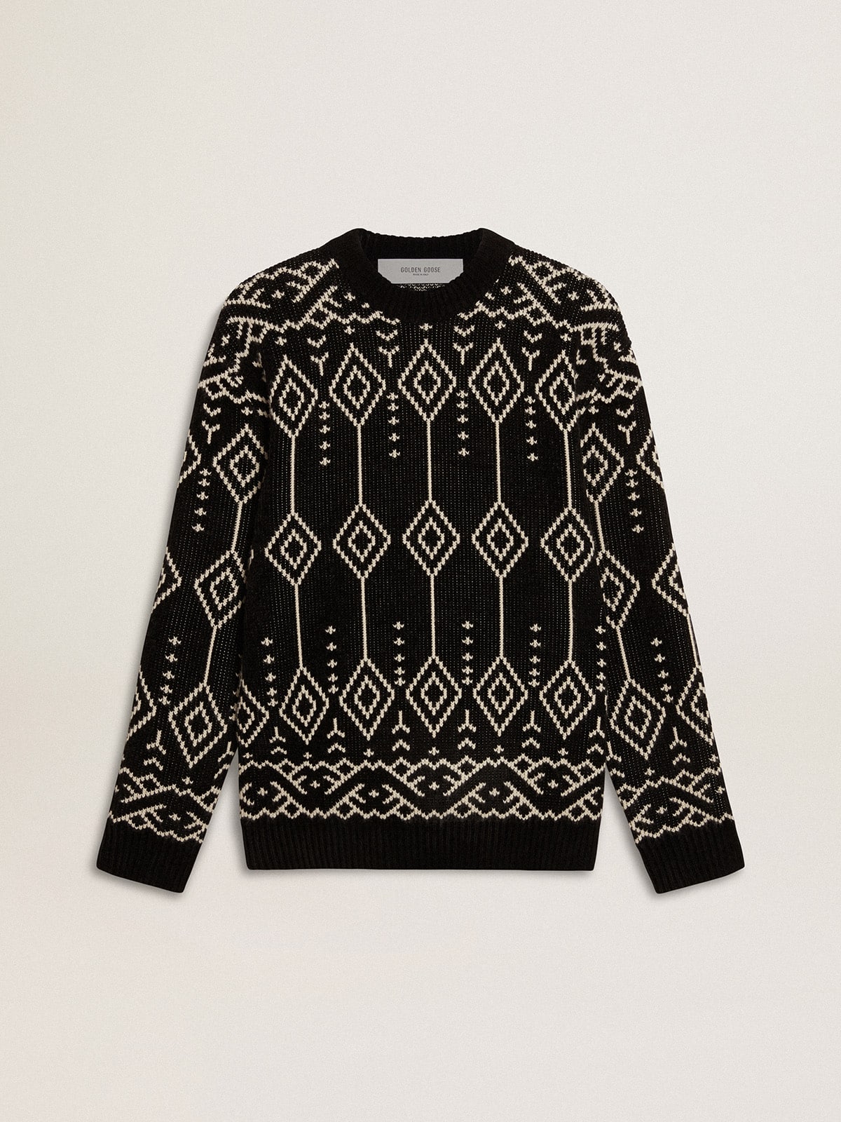 Men’s crew neck wool blend sweater with jacquard argyle design
