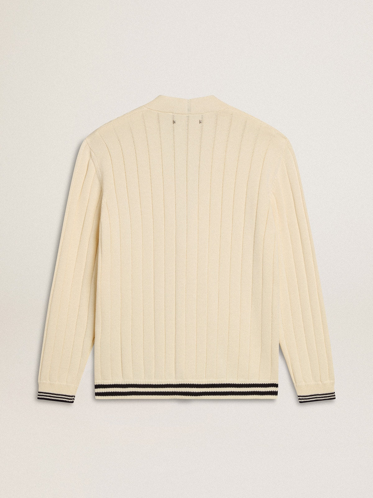 Men's white cotton cardigan with a cable pattern and blue ribbing