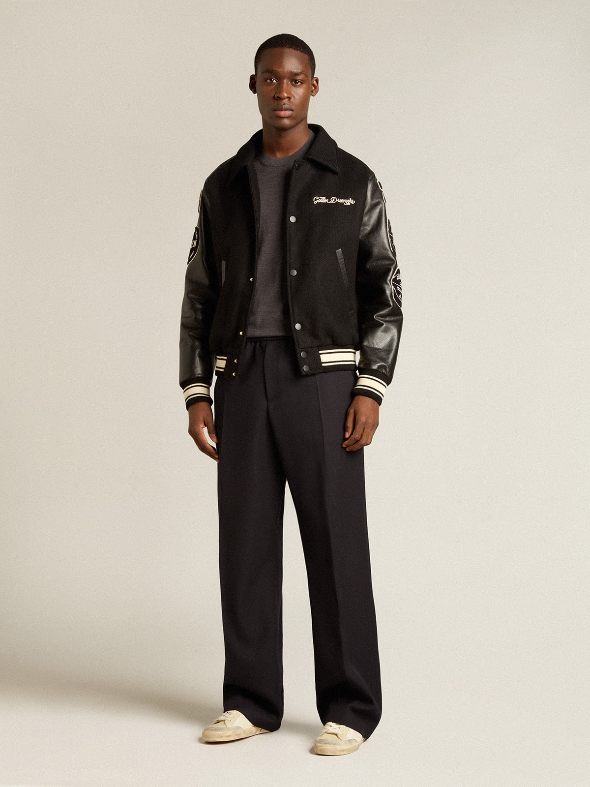 Men's round-neck sweater in dark gray mélange wool