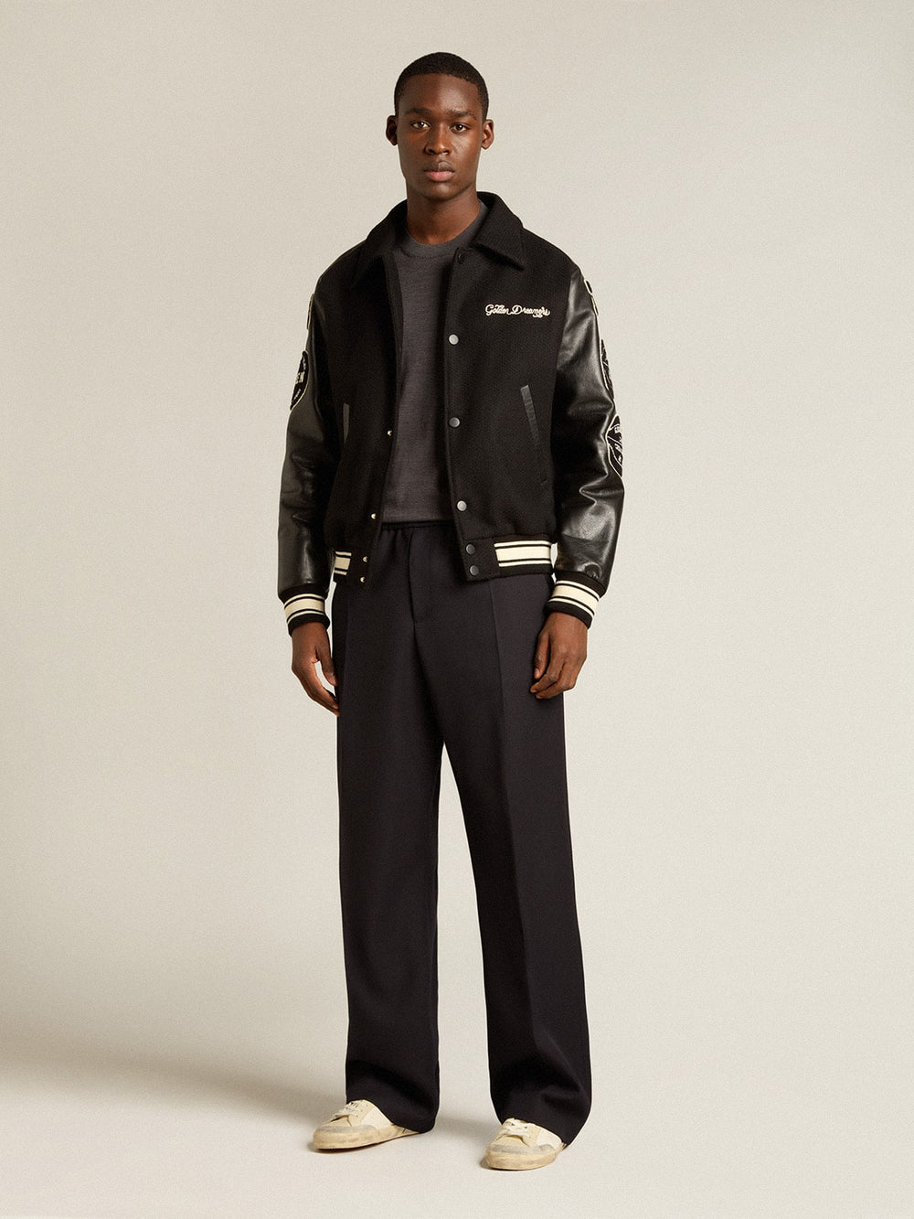 Men's round-neck sweater in dark gray mélange wool