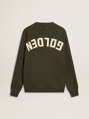 Men's military green crew neck sweater with 'Golden' lettering on the back