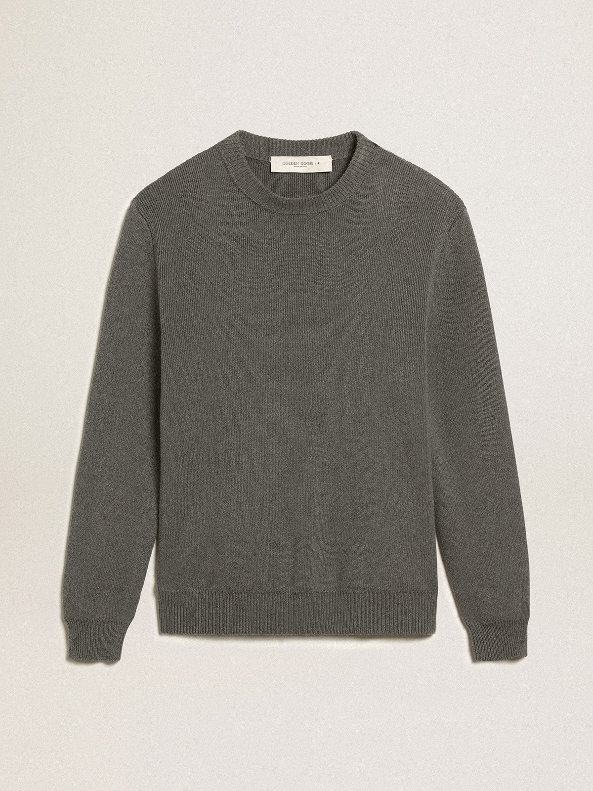 Men's round-neck sweater in dark gray cotton with logo on the back