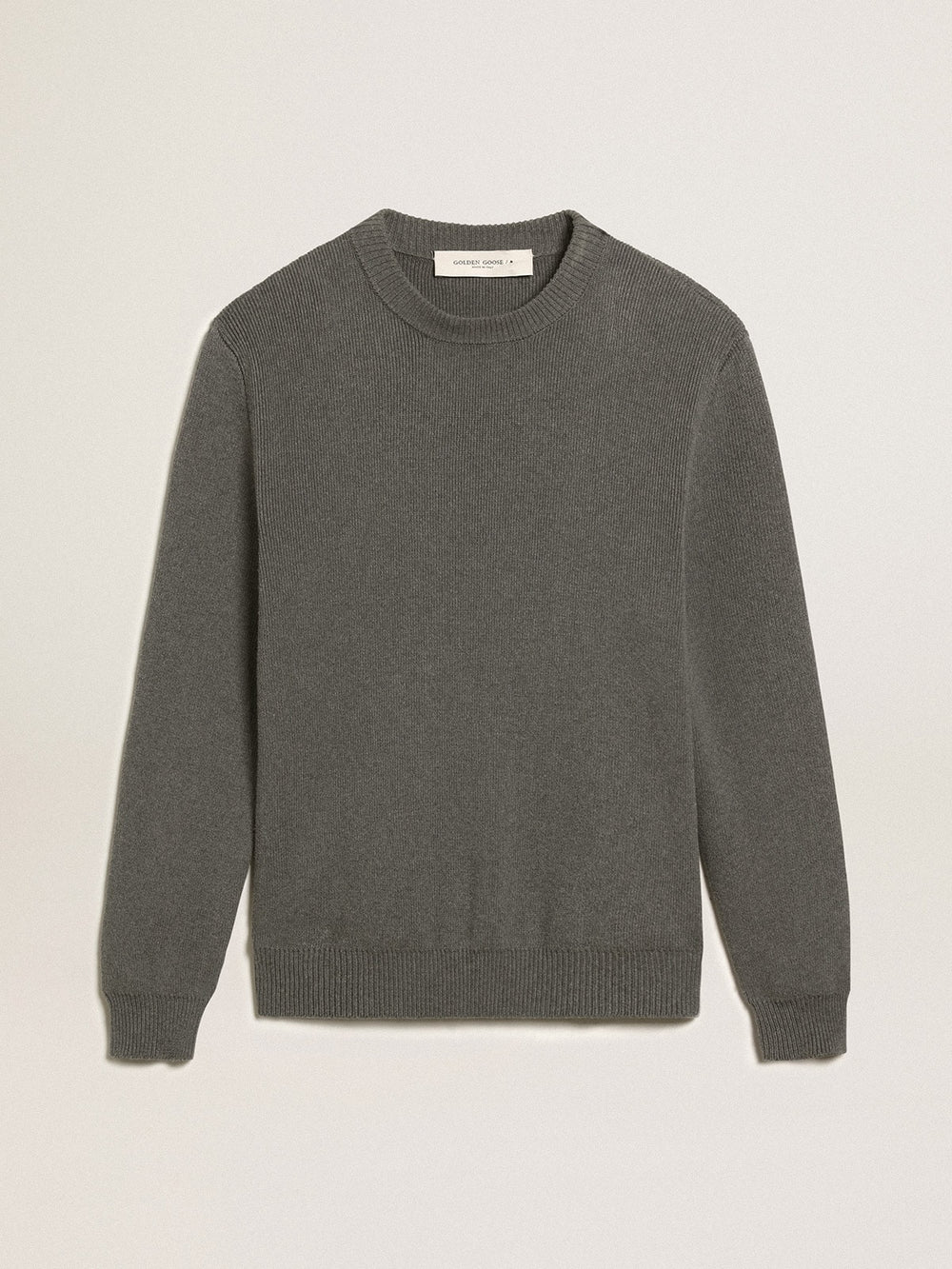 Men's round-neck sweater in dark gray cotton with logo on the back