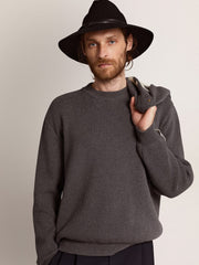 Men's round-neck sweater in dark gray cotton with logo on the back