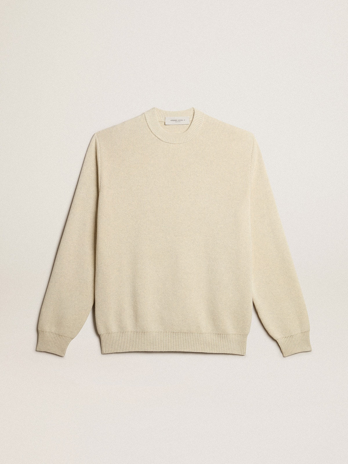 Men’s round-neck sweater in panama-colored cotton with logo on the back