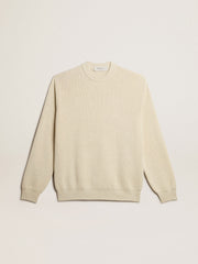 Men’s round-neck sweater in panama-colored cotton with logo on the back