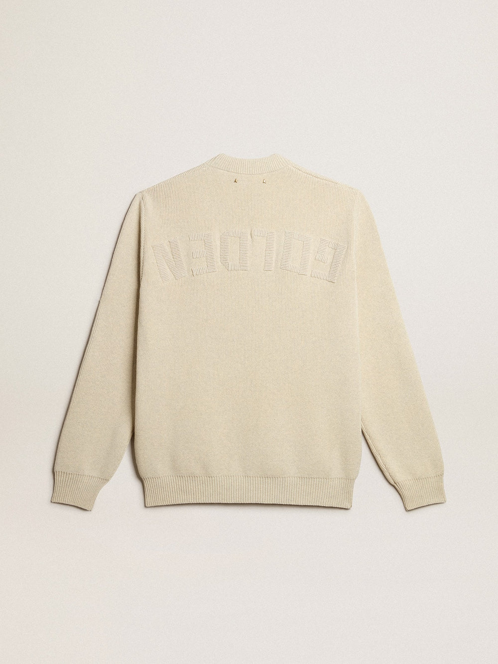 Men’s round-neck sweater in panama-colored cotton with logo on the back