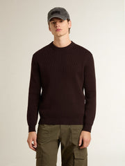 Men's brown crew-neck sweater with 'Golden' lettering on the back