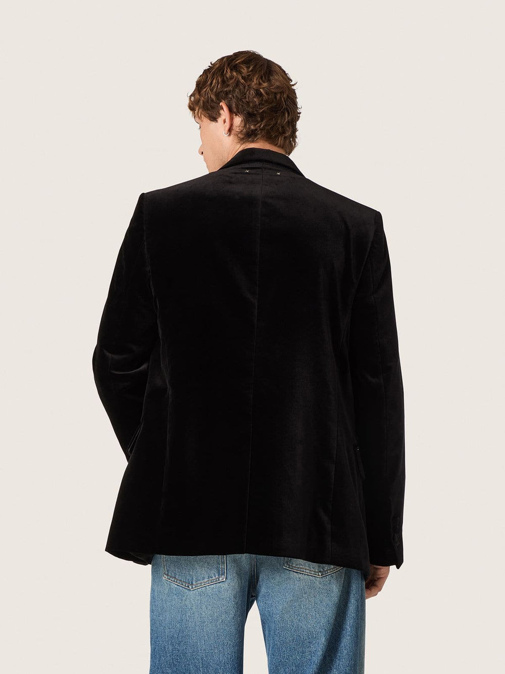 Men’s double-breasted blazer in black velvet with black satin lapels