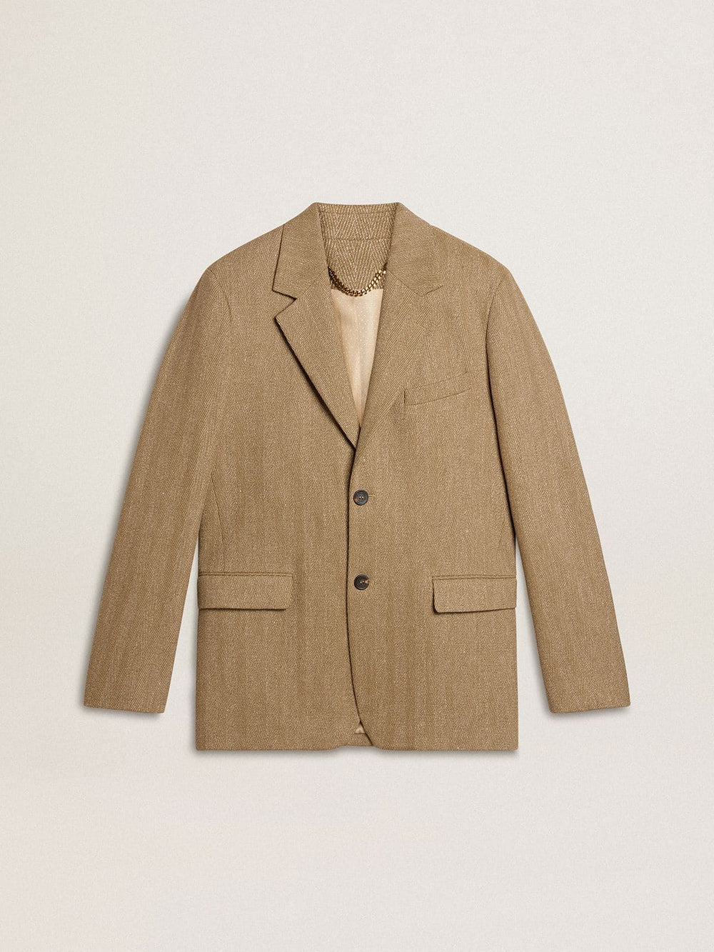 Men's single-breasted blazer in a sand-colored chevron linen blend.