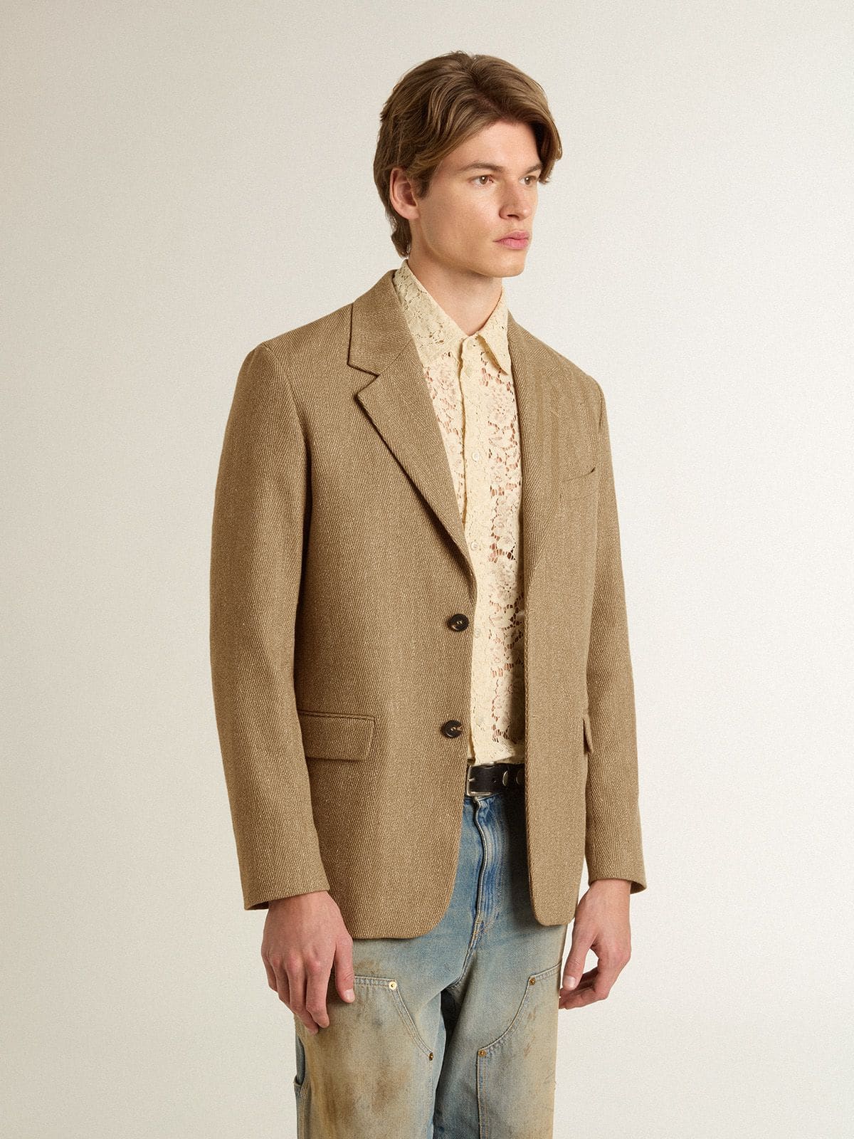 Men's single-breasted blazer in a sand-colored chevron linen blend.