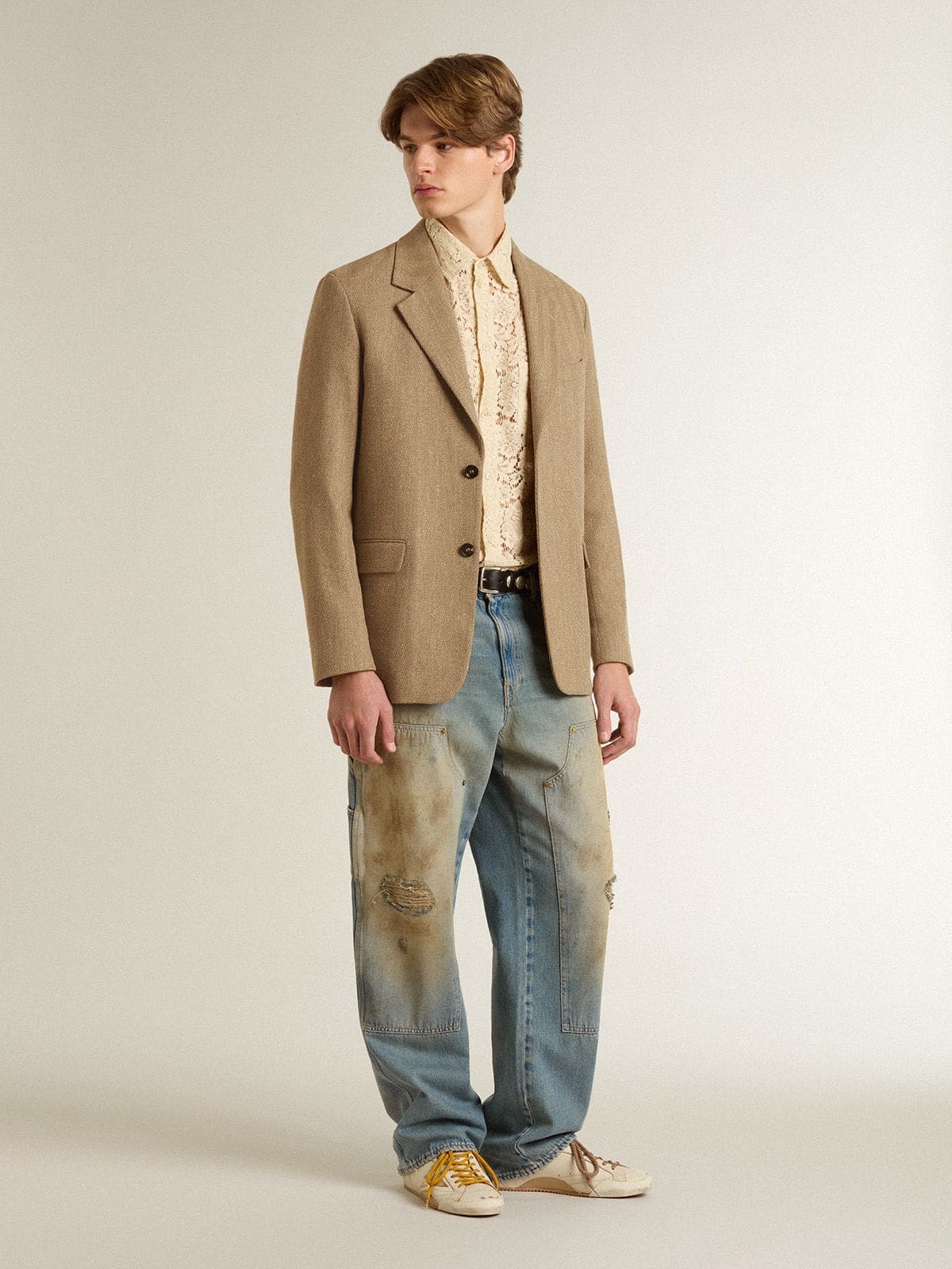 Men's single-breasted blazer in a sand-colored chevron linen blend.