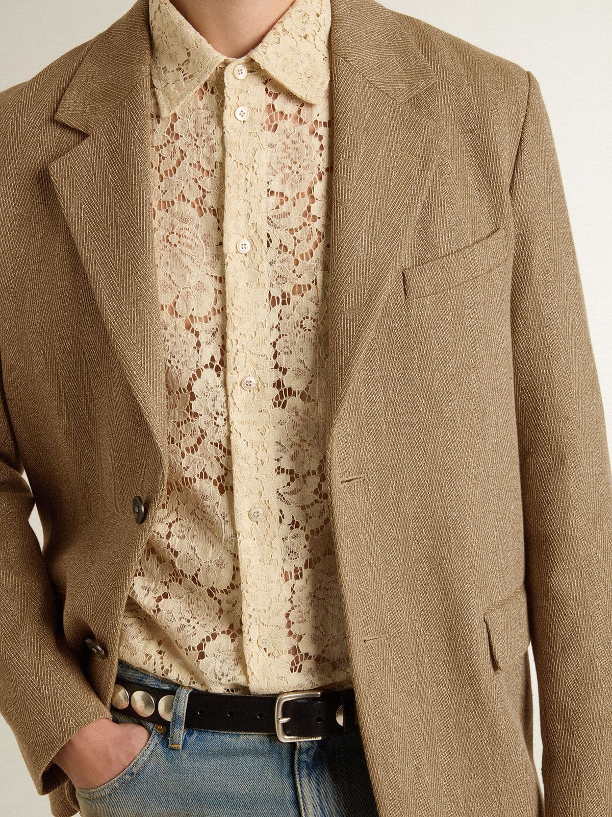 Men's single-breasted blazer in a sand-colored chevron linen blend.
