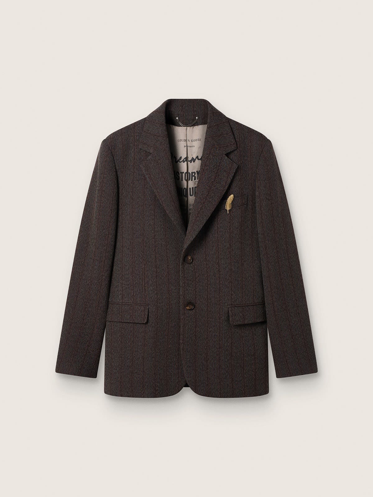 Men's single-breasted blazer in dark brown wool with thin stripe pattern