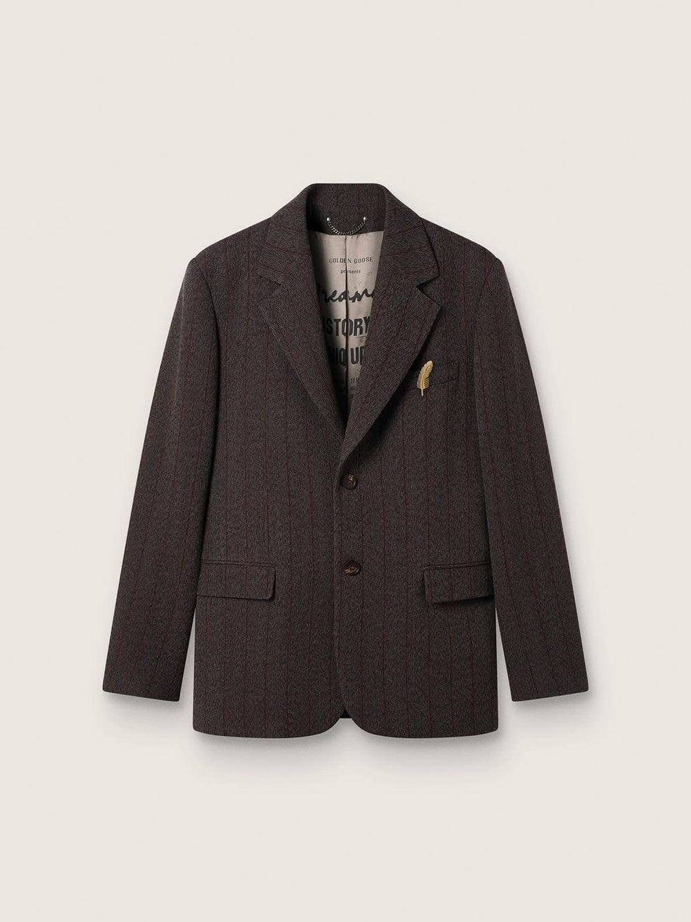 Men's single-breasted blazer in dark brown wool with thin stripe pattern