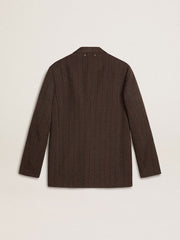 Men's single-breasted blazer in dark brown wool with thin stripe pattern