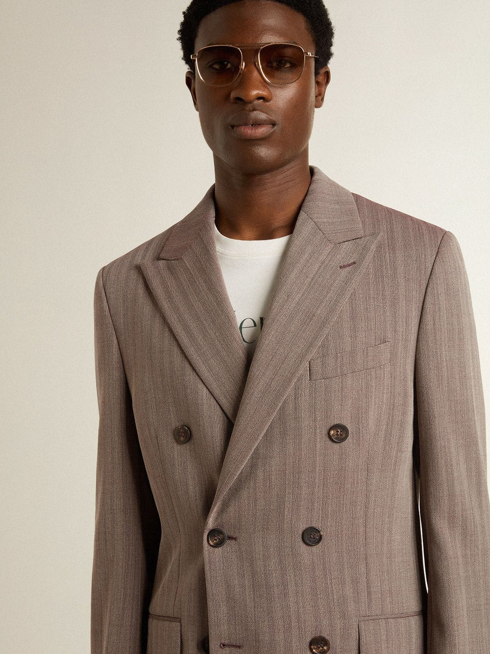 Men's beige chevron wool blend double-breasted blazer