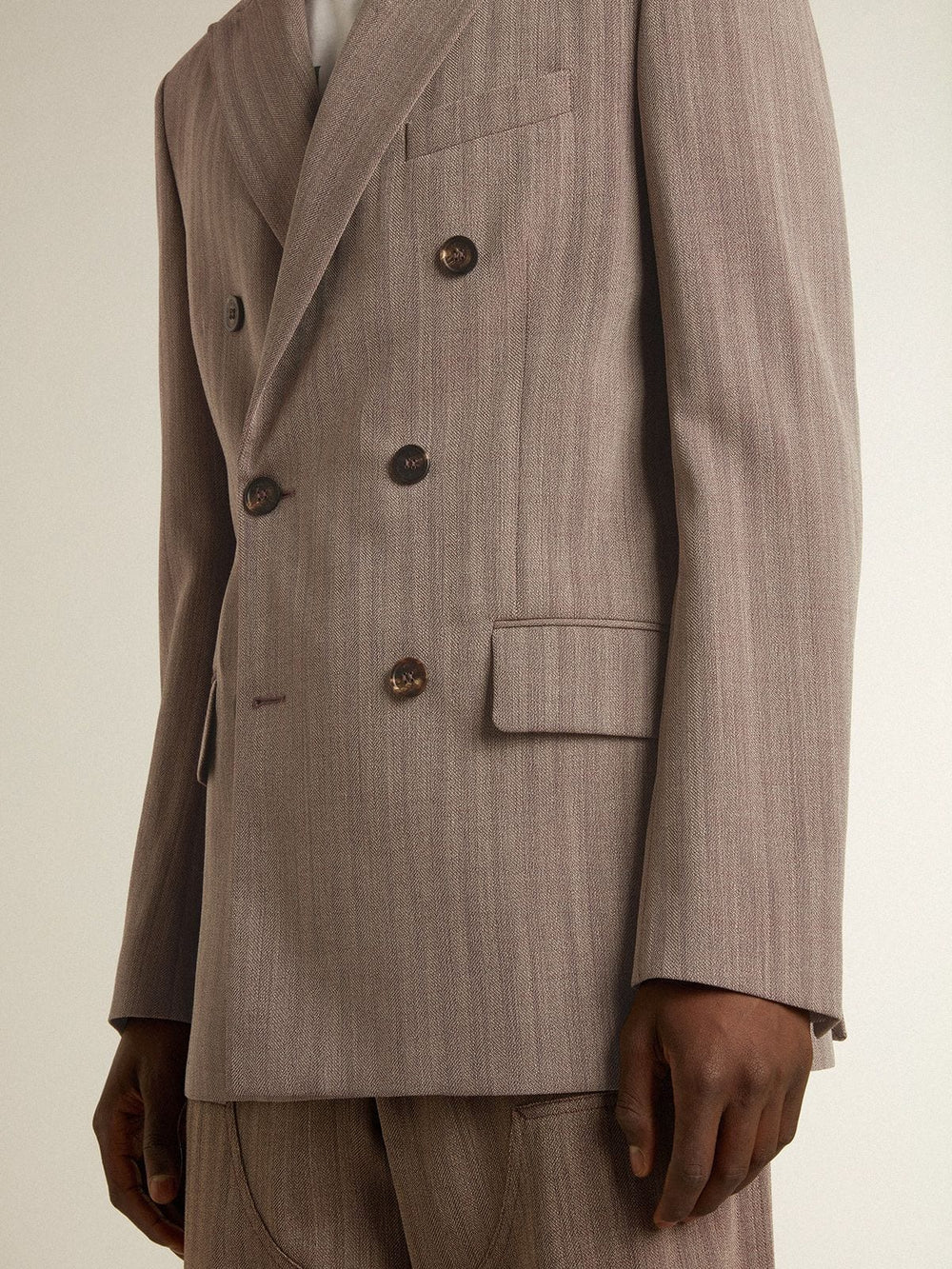 Men's beige chevron wool blend double-breasted blazer