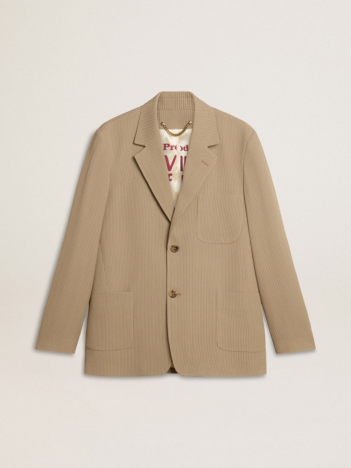 Men's beige pinstripe single-breasted jacket with an oversized fit
