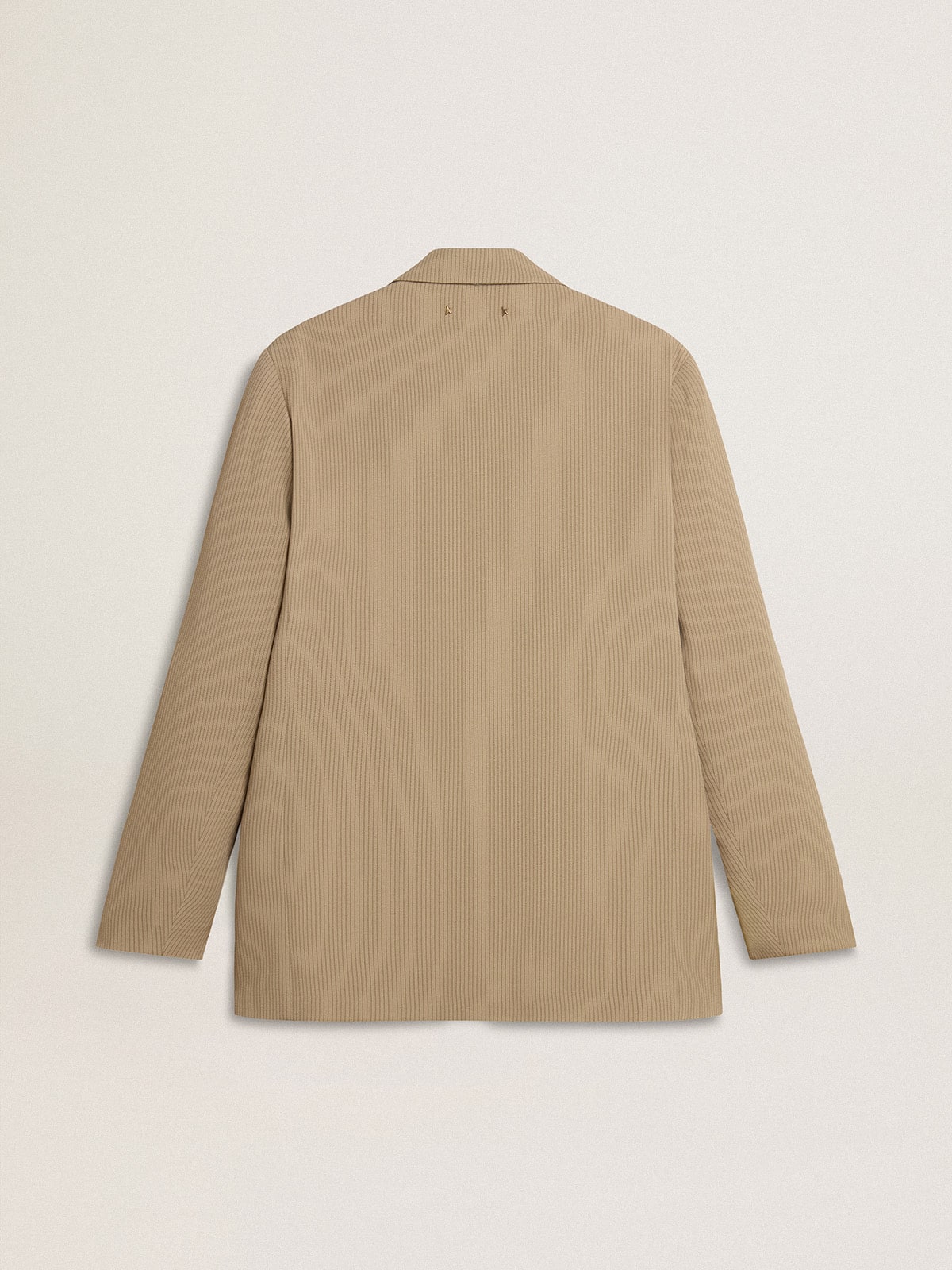 Men's beige pinstripe single-breasted jacket with an oversized fit