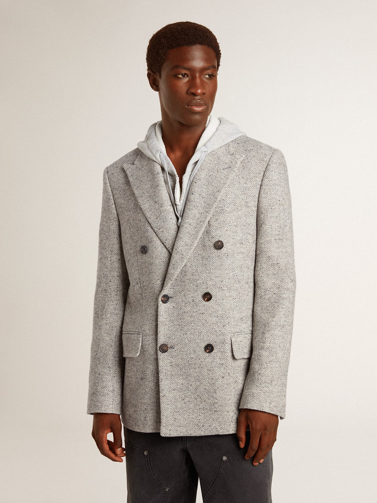 Men's double-breasted jacket in gray silk and chevron wool