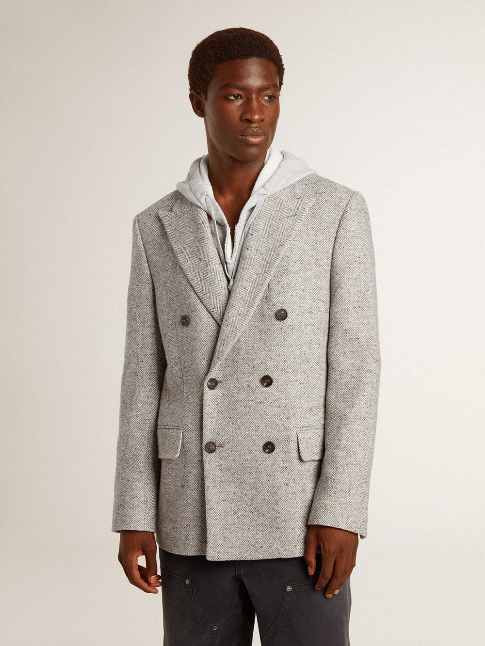 Men's double-breasted jacket in gray silk and chevron wool