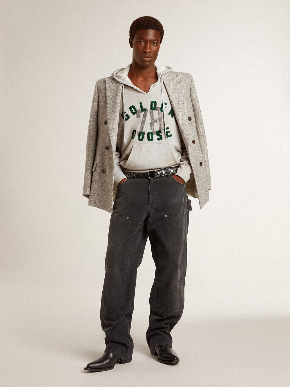 Men's double-breasted jacket in gray silk and chevron wool