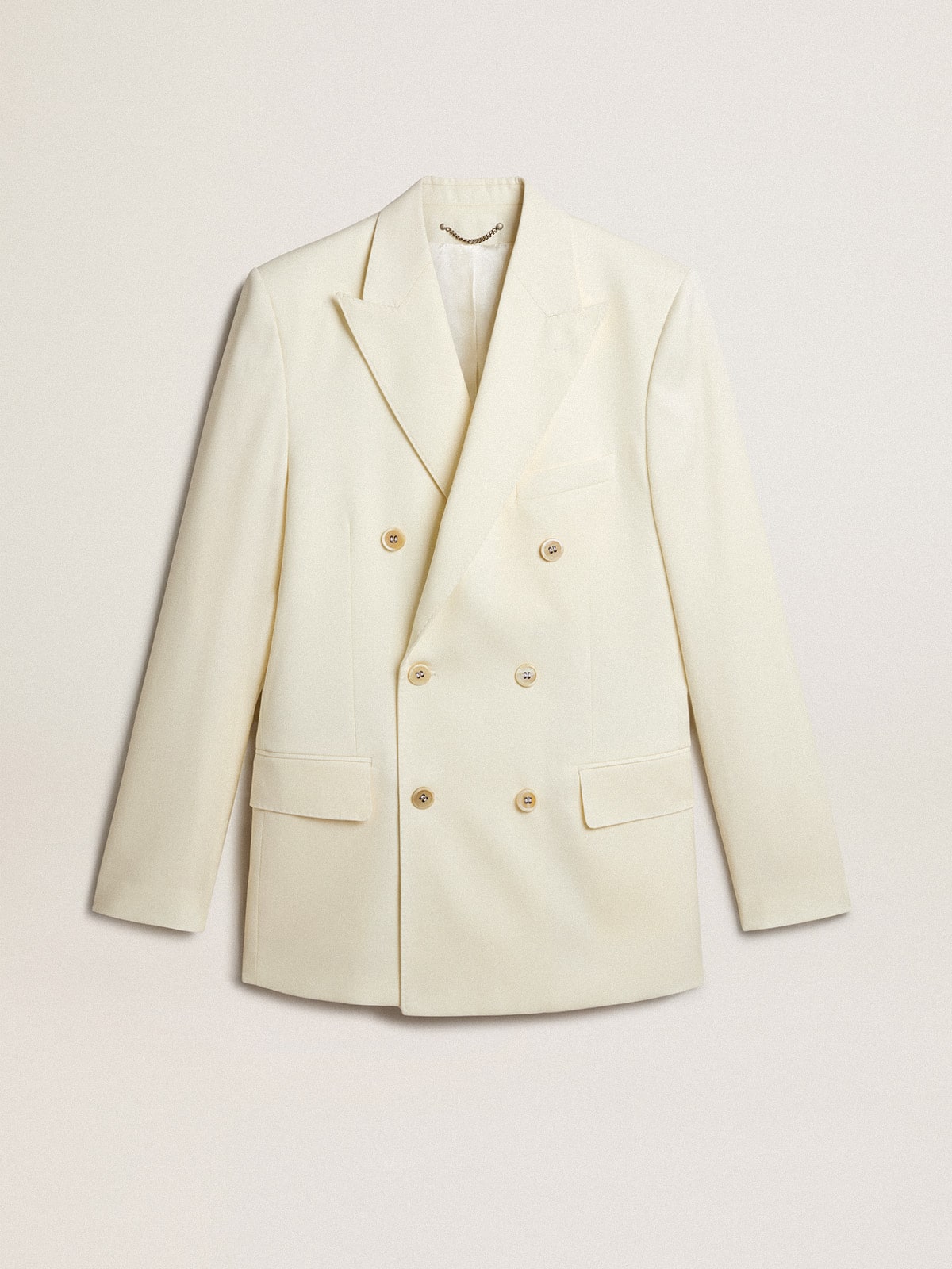 Men’s cream-colored double-breasted blazer