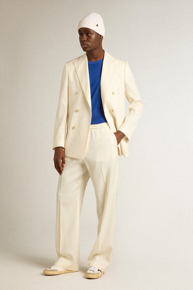 Men’s cream-colored double-breasted blazer