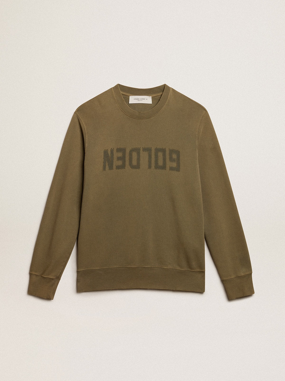 Men's olive green sweatshirt with Golden lettering