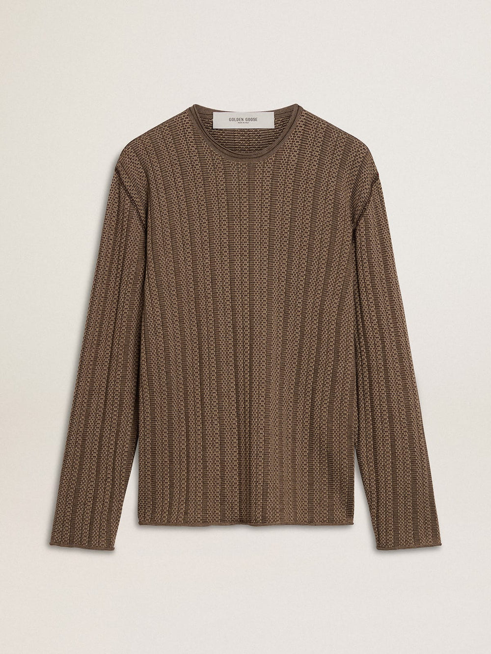 Men's travertine-colored sweater with 'Golden' patch lettering on the back