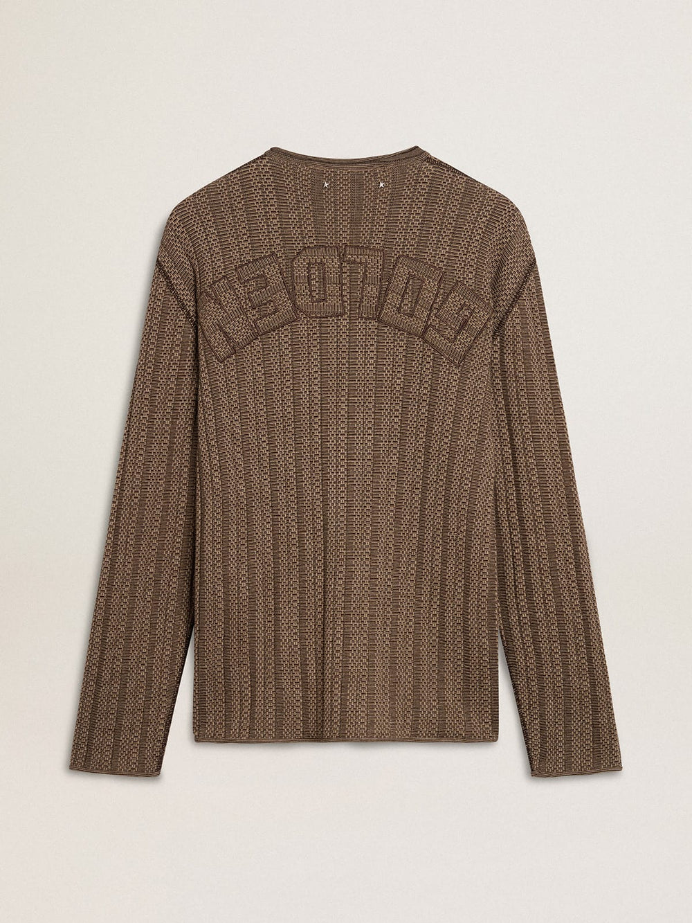 Men's travertine-colored sweater with 'Golden' patch lettering on the back