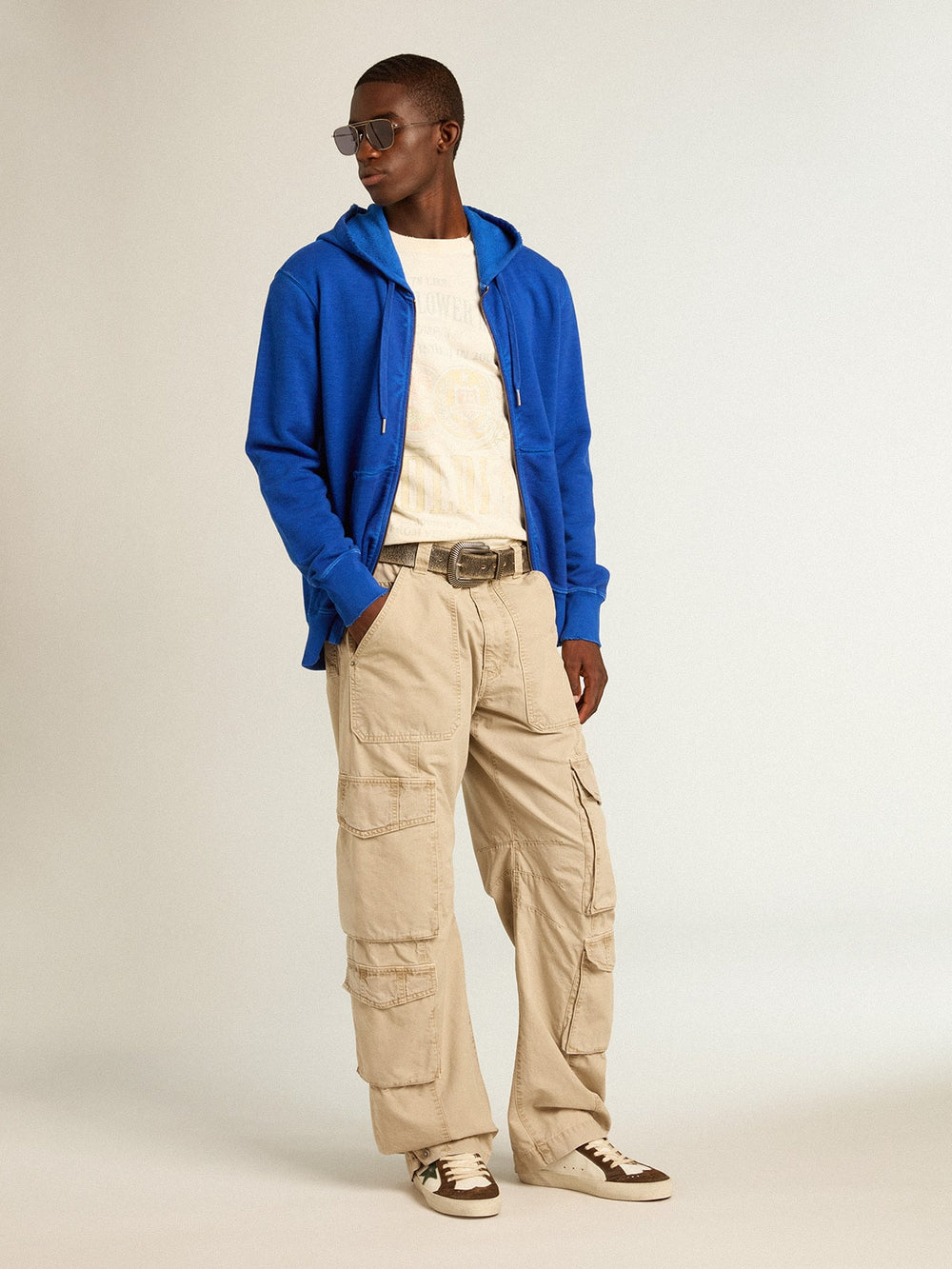 Men's blue-colored hoodie with lettering on the back