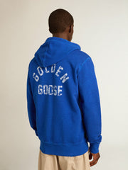 Men's blue-colored hoodie with lettering on the back