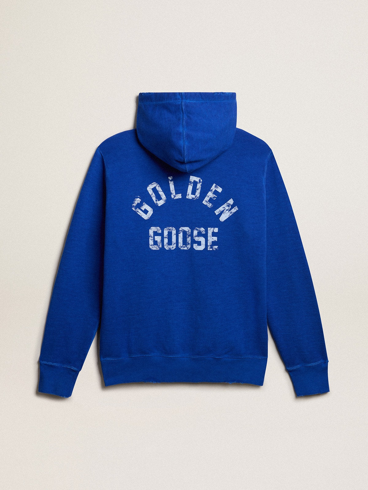 Men's blue-colored hoodie with lettering on the back