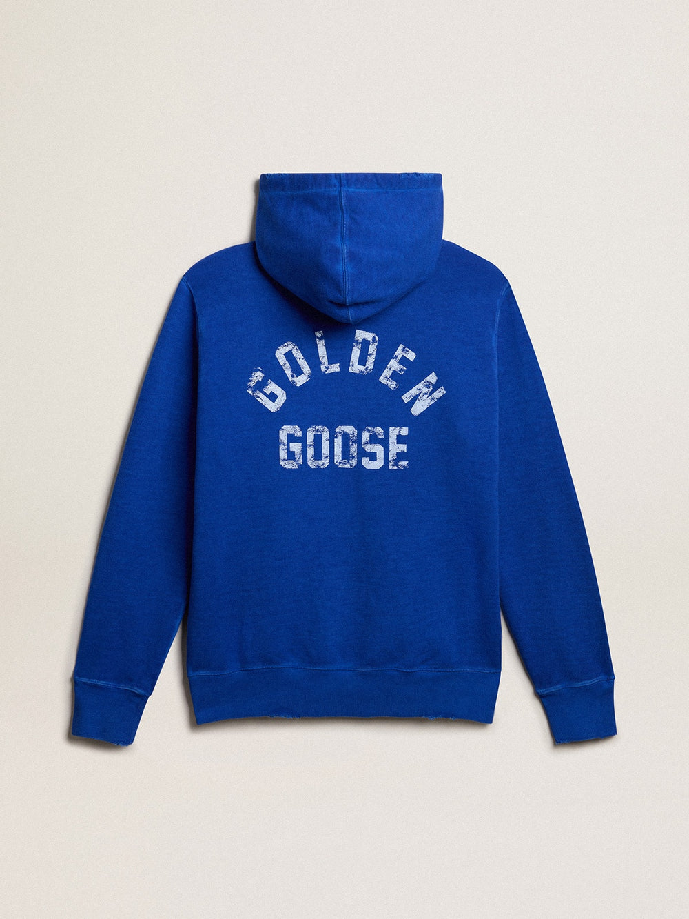 Men's blue-colored hoodie with lettering on the back