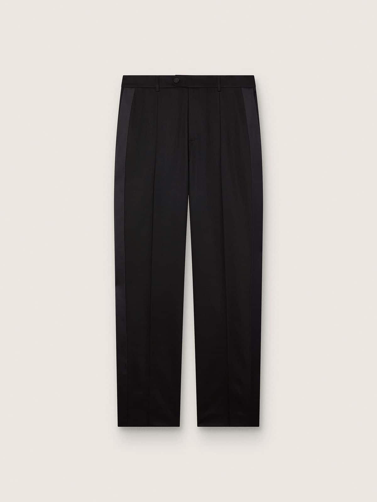 Men's pants in black cool wool with satin side stripe
