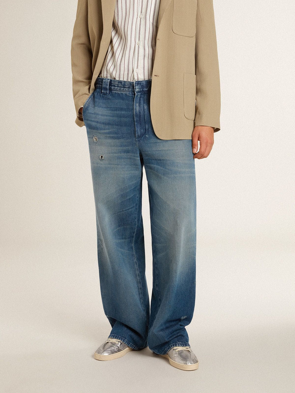 Men's denim chinos with distressed details