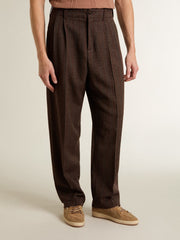 Men's joggers in dark brown wool with thin striped pattern