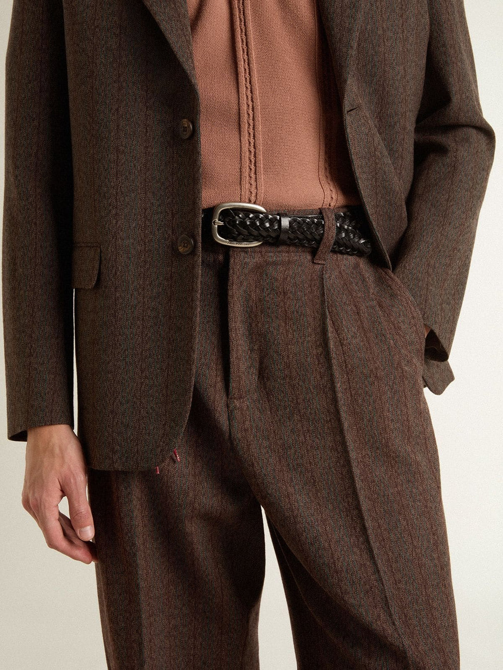 Men's joggers in dark brown wool with thin striped pattern