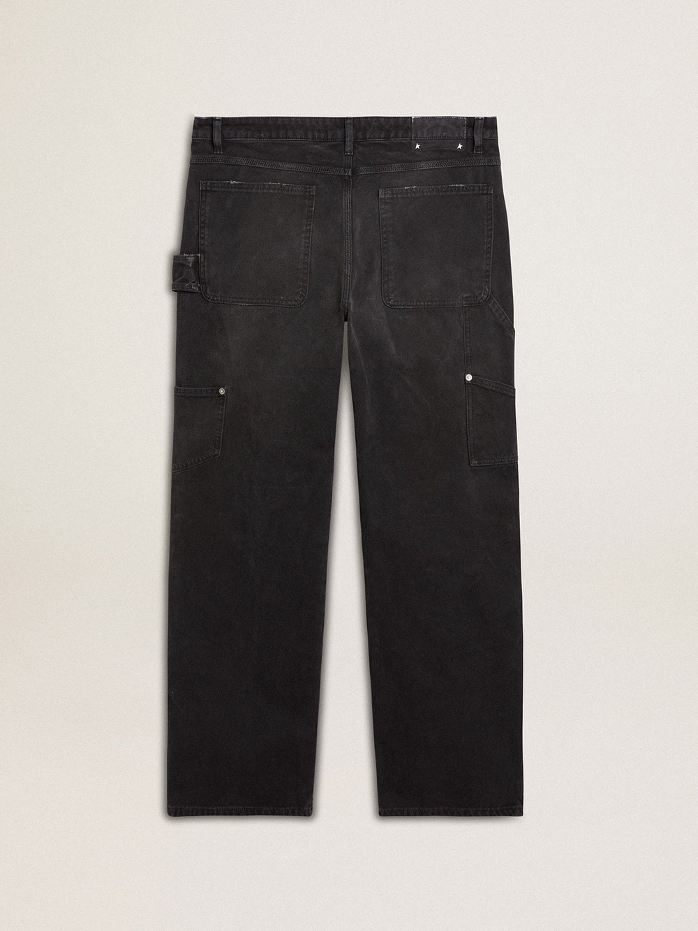 Men's distressed black cotton jeans with front patches