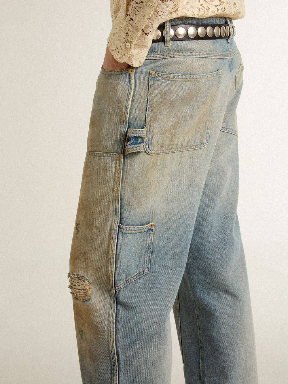 Men's distressed sand-washed jeans